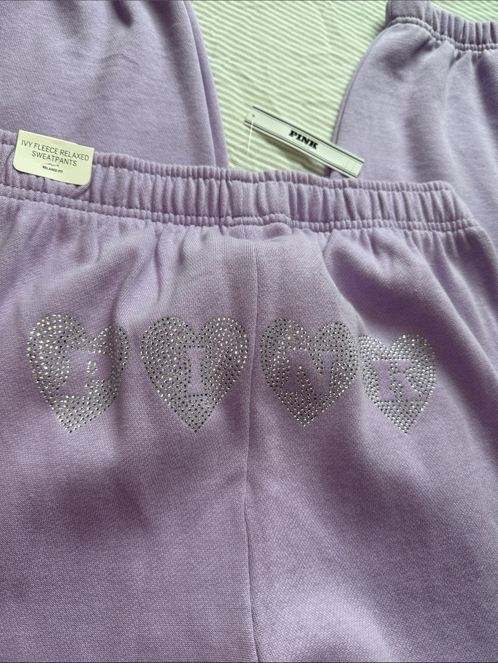 PINK Victoria's Secret Lavender Rhinestone Heart Sweatpants